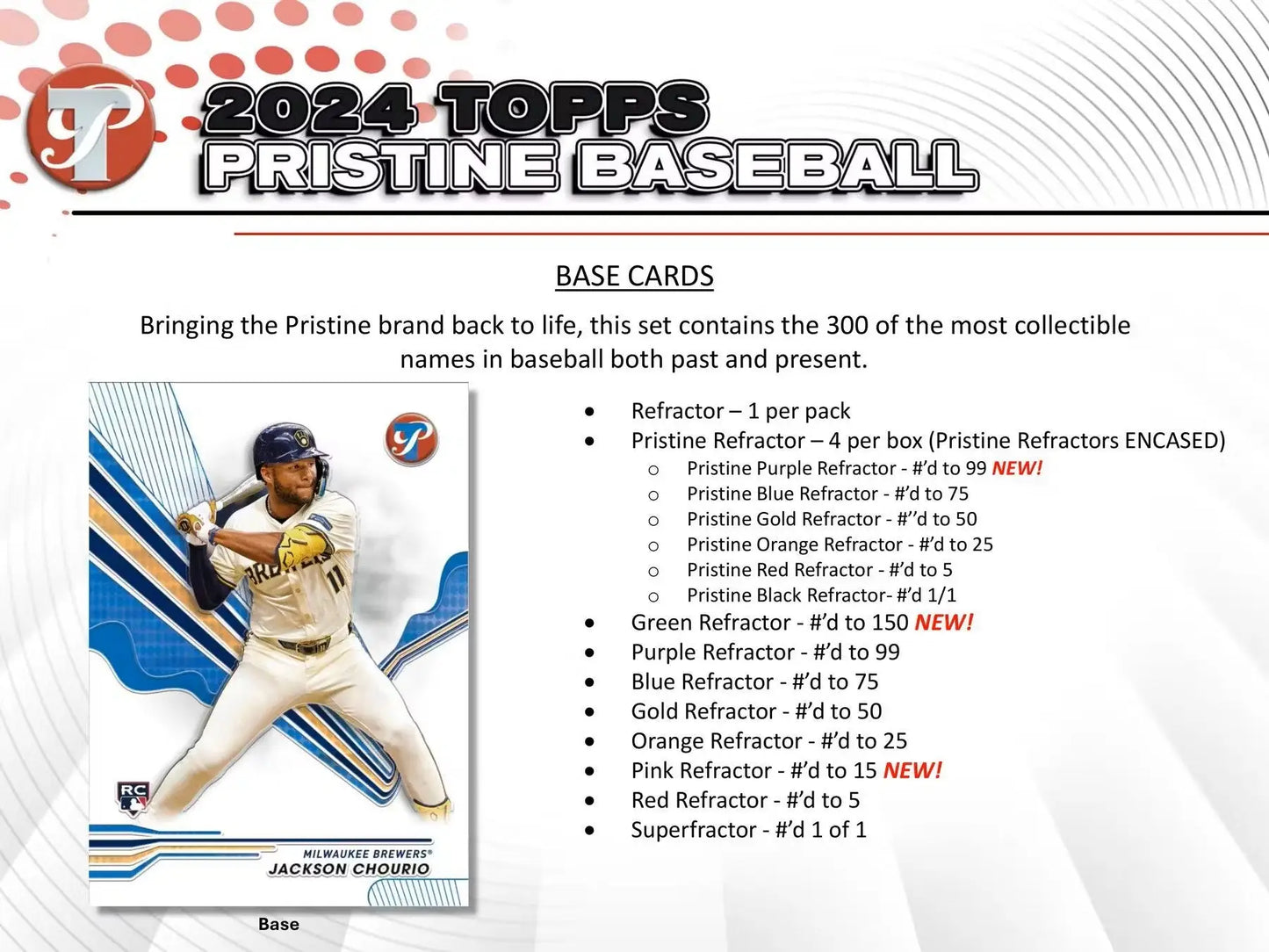 Baseball card product details for 2024 Topps Pristine Baseball Hobby Box with autograph relic and gold refractor