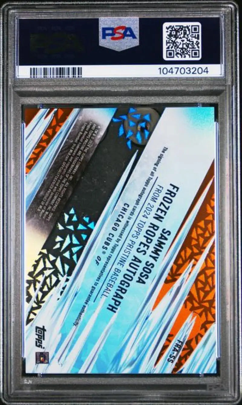 Graded Sammy Sosa baseball card from 2024 Topps Pristine Frozen Ropes Orange collection