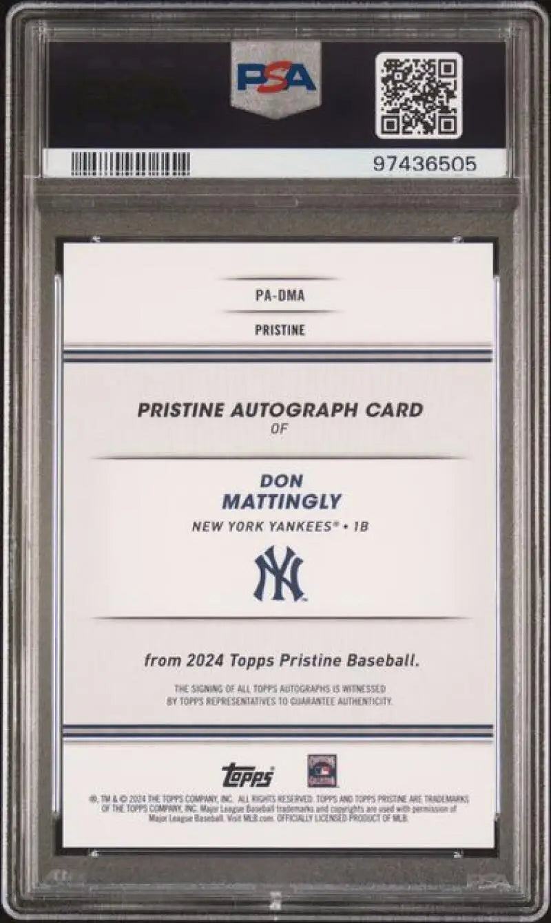 PSA-graded back of Don Mattingly Topps Pristine Gold Yankees autograph card 34/50