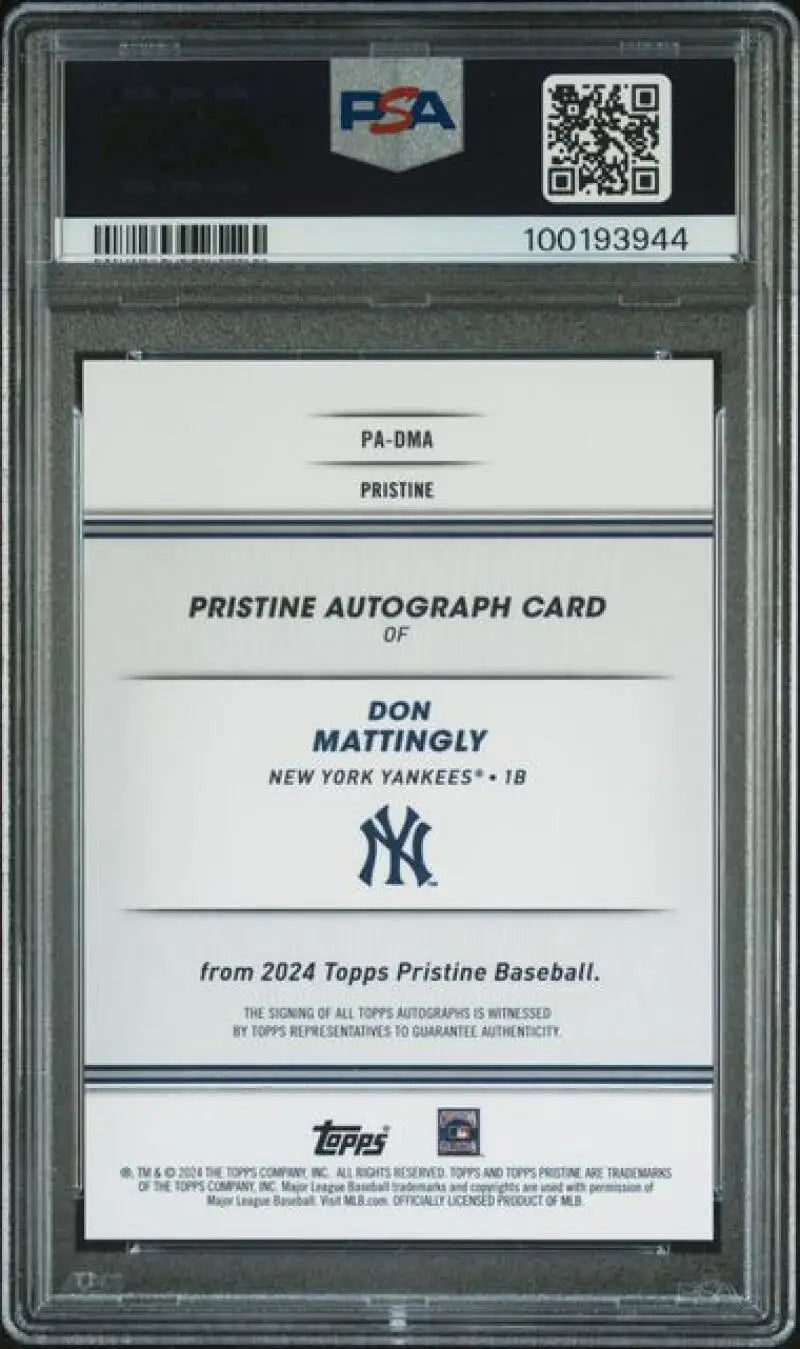 PSA-graded back of Don Mattingly Yankees autographed Gem Mint baseball card 2024 Topps Pristine