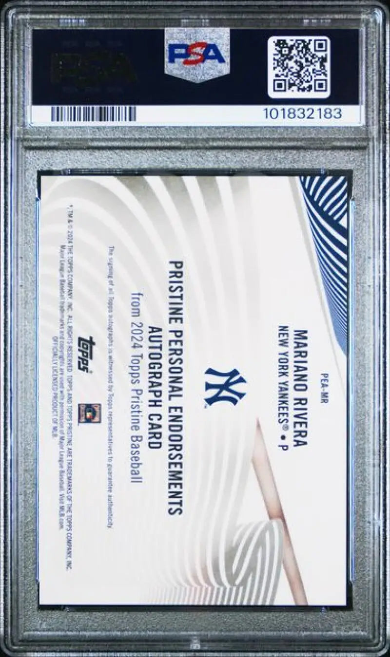 Graded Mariano Rivera baseball card with PSA 10 GEM MINT autograph featured in 2024 Topps Pristine