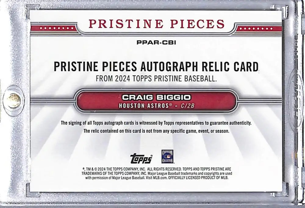 Craig Biggio autograph relic card from 2024 Topps Pristine Houston Astros baseball card