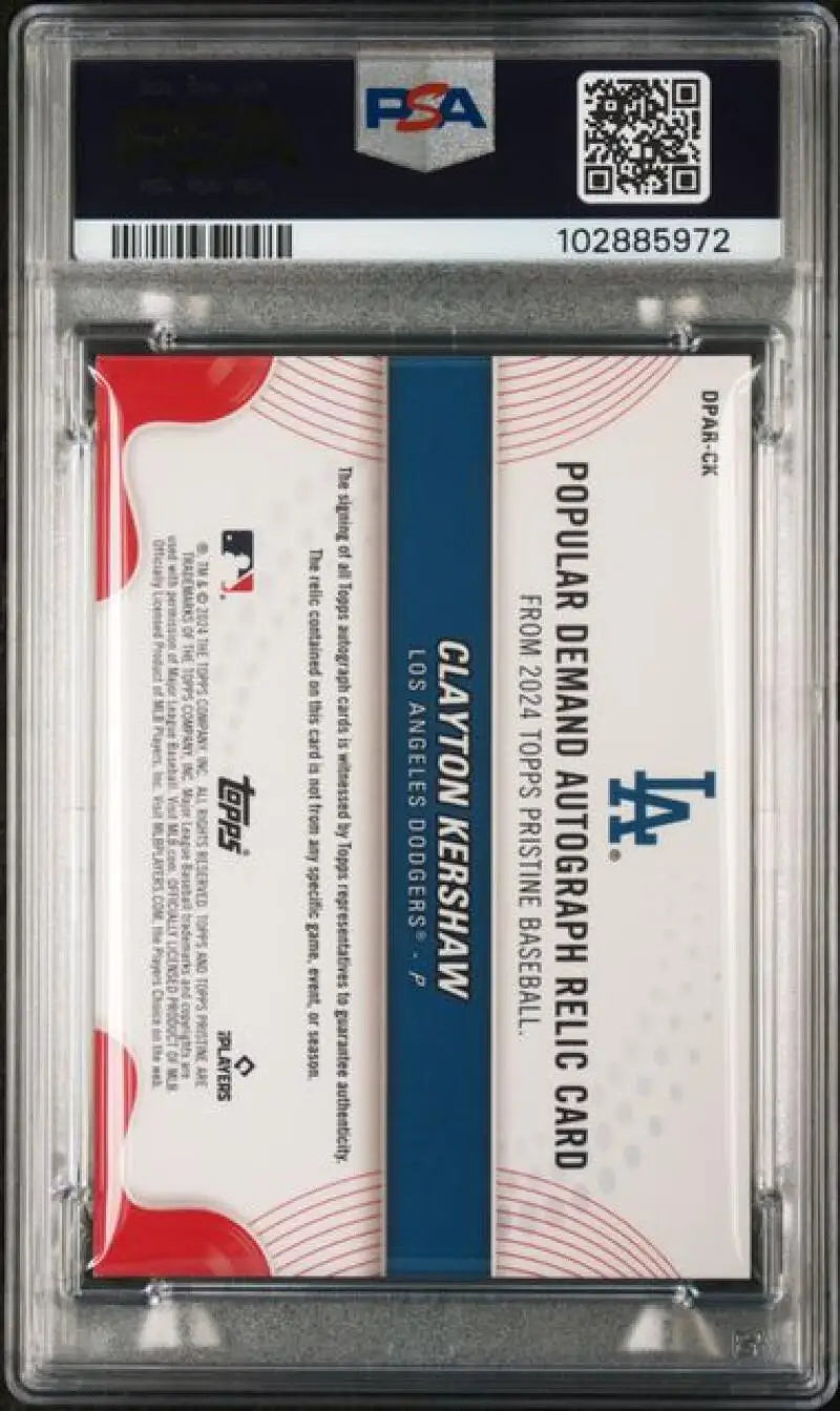 Graded Clayton Kershaw baseball card from 2024 Topps Pristine for Los Angeles Dodgers fans