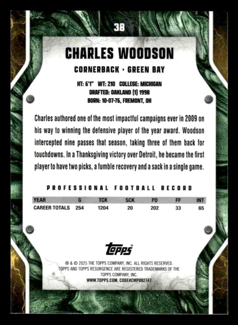 Collectible Charles Woodson trading card from 2024 Topps Resurgence featuring Green Bay Packers