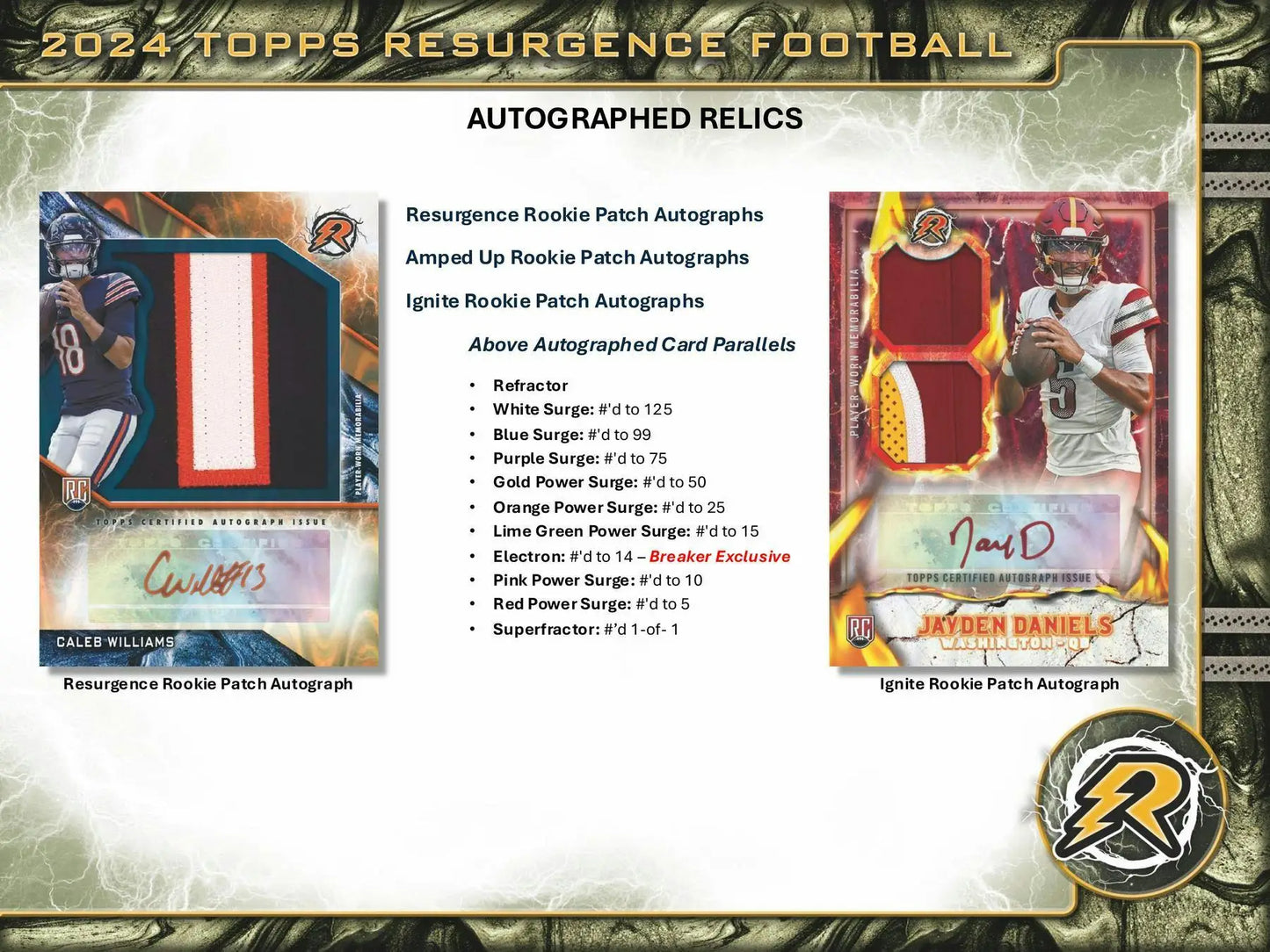 2024 Topps Resurgence Football Hobby Box card with autographs relics featuring gold power surge