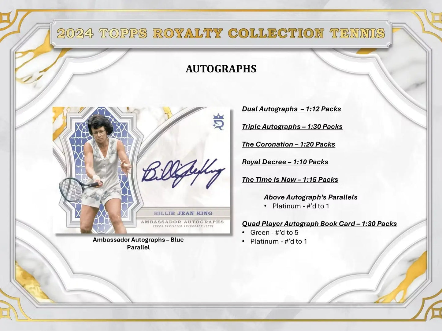 Tennis autograph card from 2024 Topps Royalty Collection Tennis Hobby Box