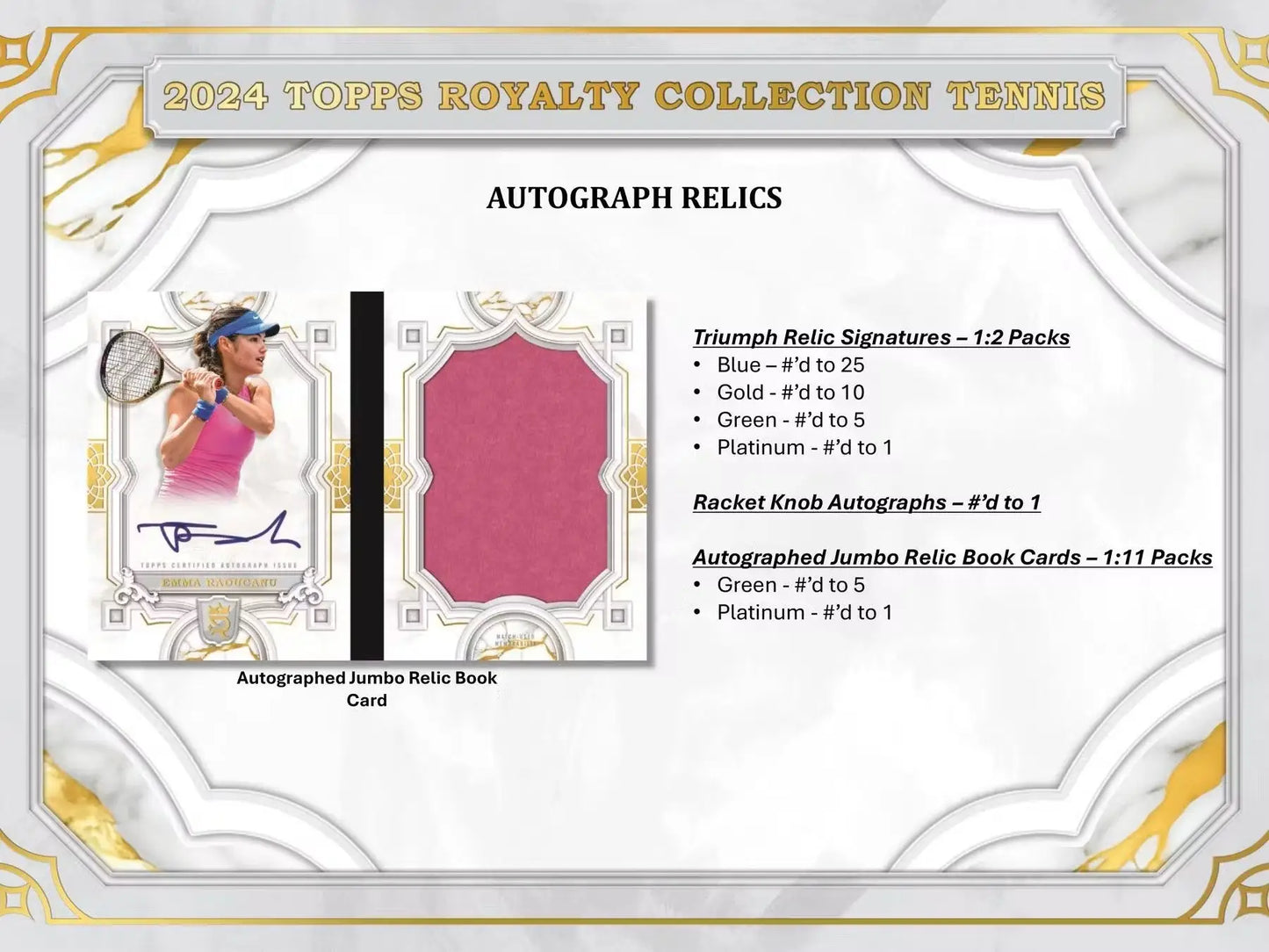 Tennis autograph relic card from 2024 Topps Royalty Collection Tennis Hobby Box