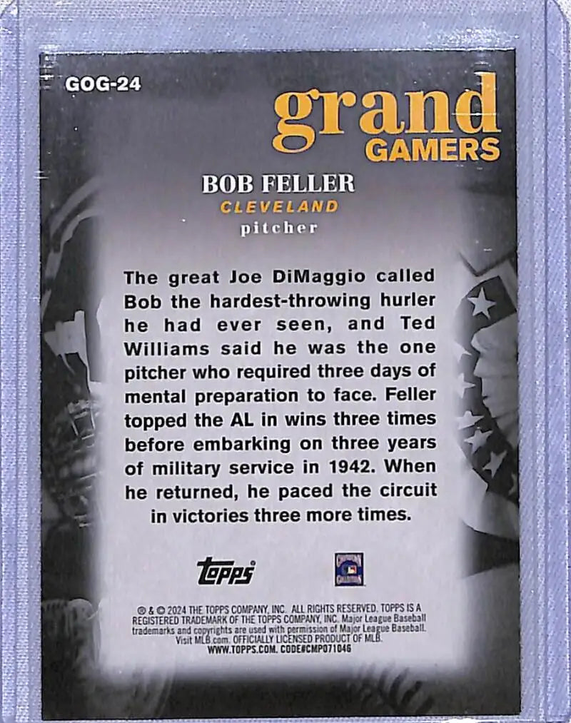 Baseball card of Bob Feller from 2024 Topps Series One Grand Gamers highlighting his achievements