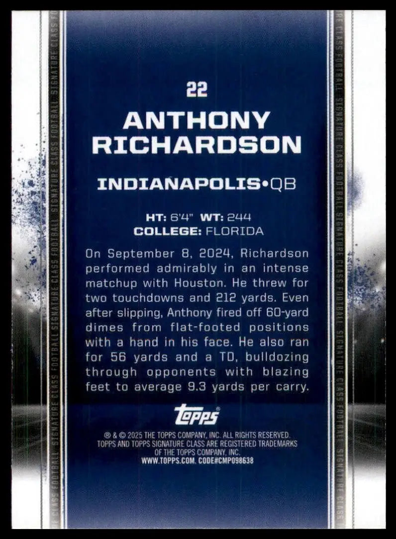 2024 Topps Signature Class Anthony Richardson #22 Indianapolis Colts Football - Football Card