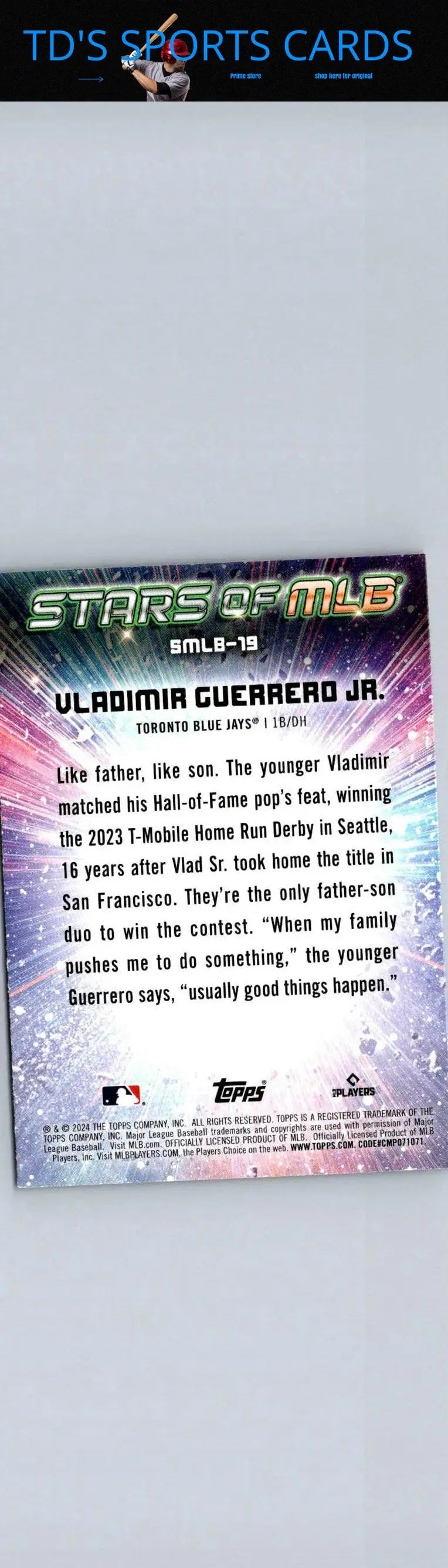 Baseball card featuring Vladimir Guerrero from 2024 Topps Stars of MLB series