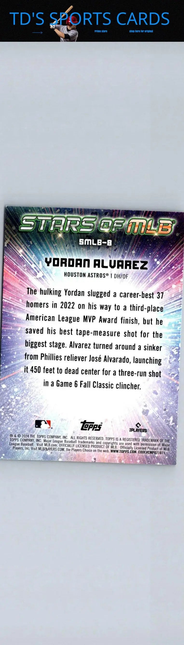 Yordan Alvarez Stars of MLB baseball card from 2024 Topps #SMLB-8 featuring Alvarez stars