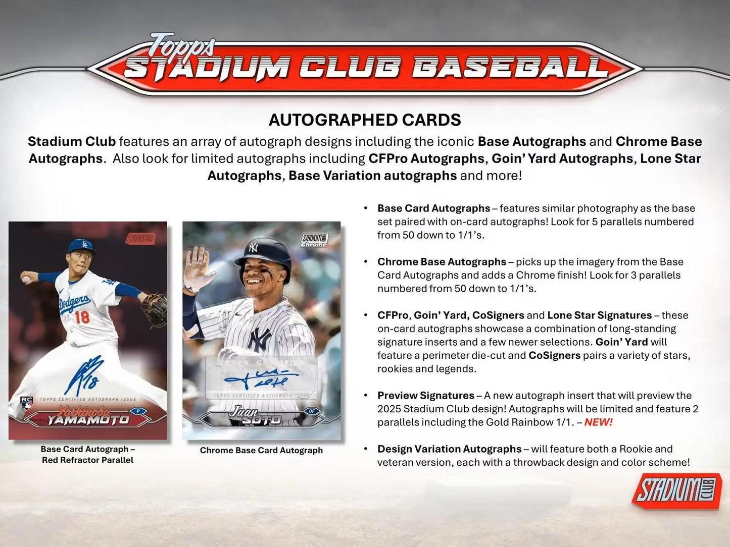 Baseball card autograph advertisement from 2024 Topps Stadium Club Baseball Compact Box