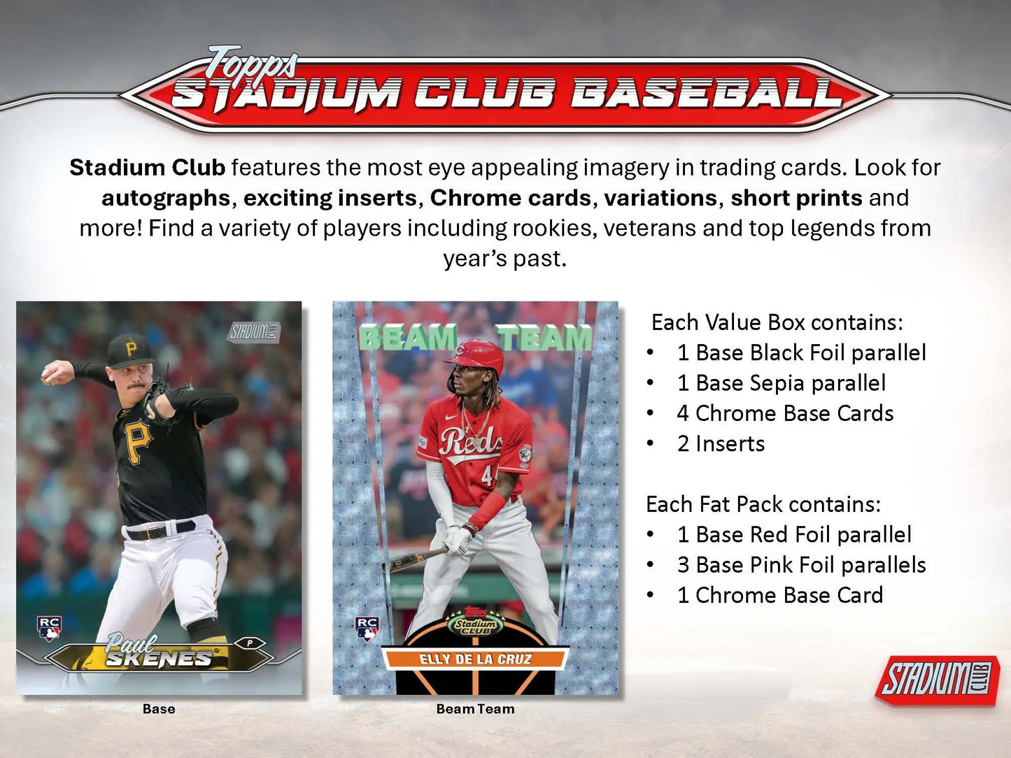 2024 Topps Stadium Club Baseball Value Box advertisement showcasing card designs and packs