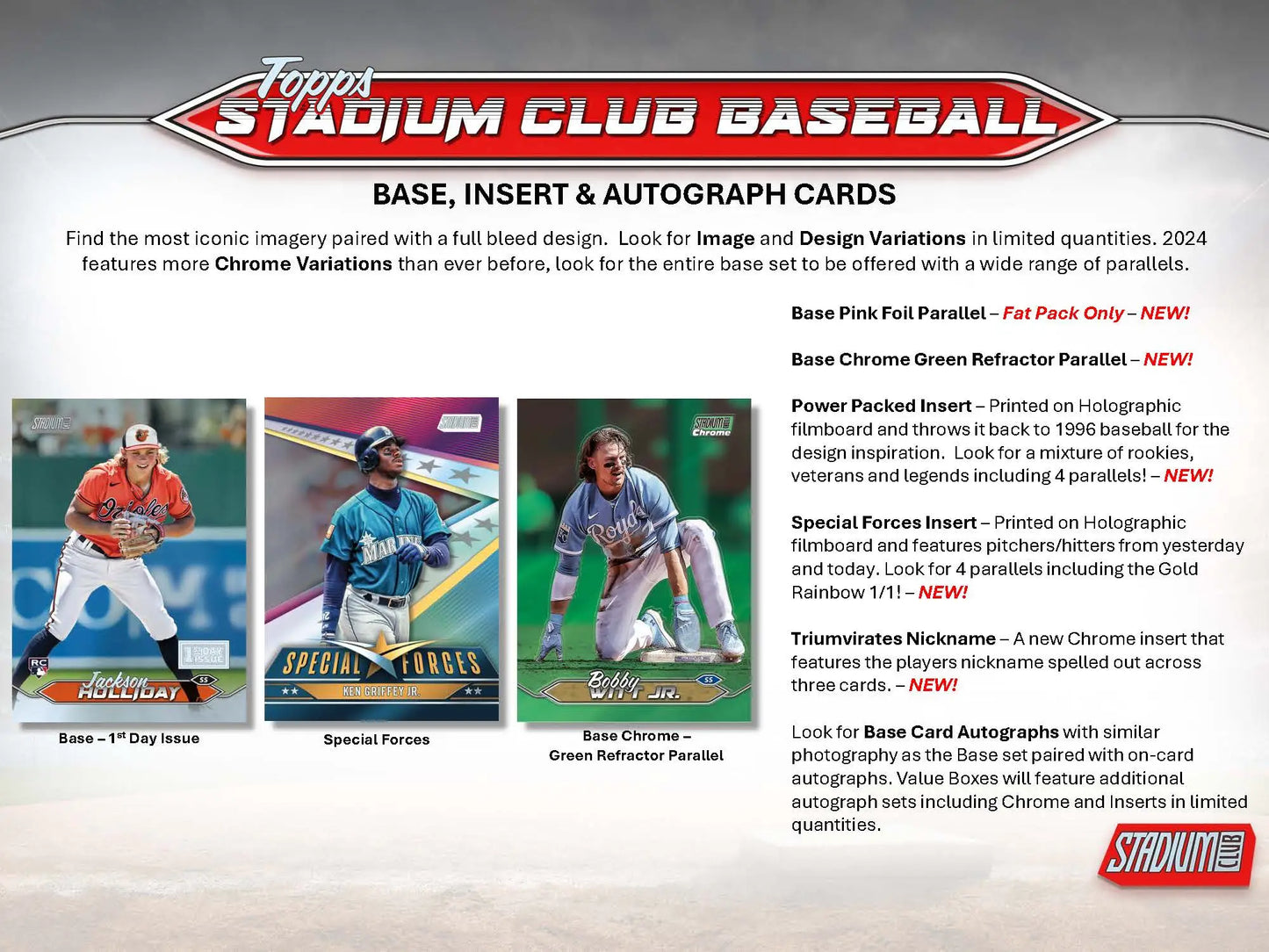 Advertisement for 2024 Topps Stadium Club Baseball cards featuring player card highlights