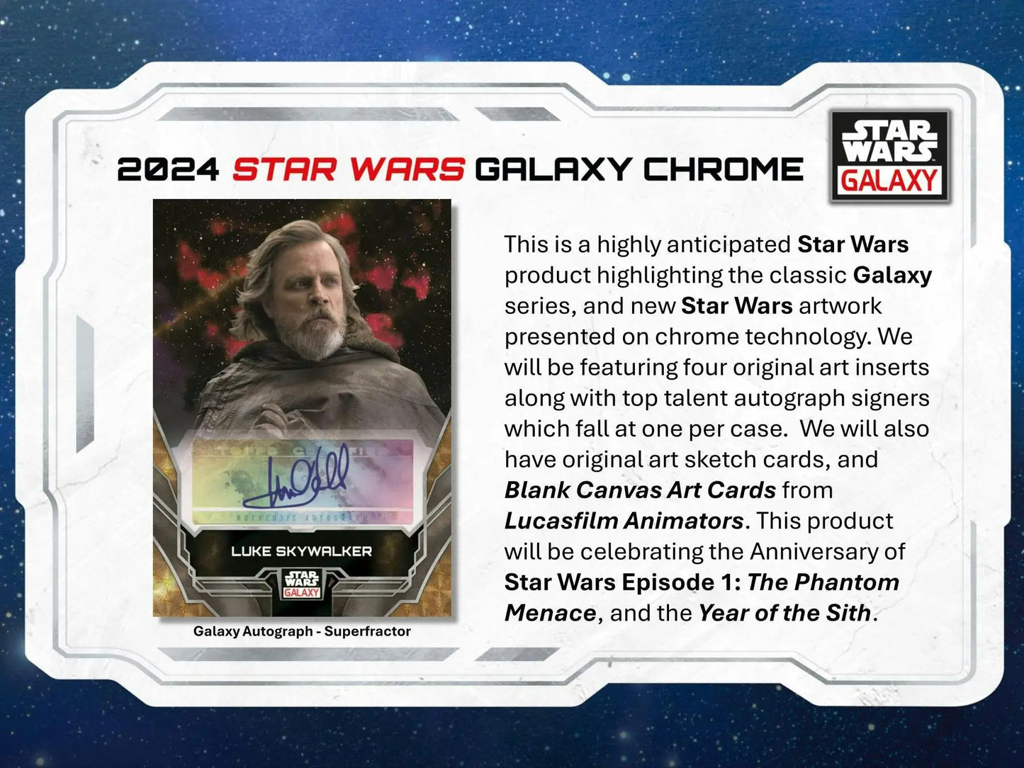 2024 Star Wars Galaxy Chrome Luke Skywalker autograph card with refractor parallel in original art style