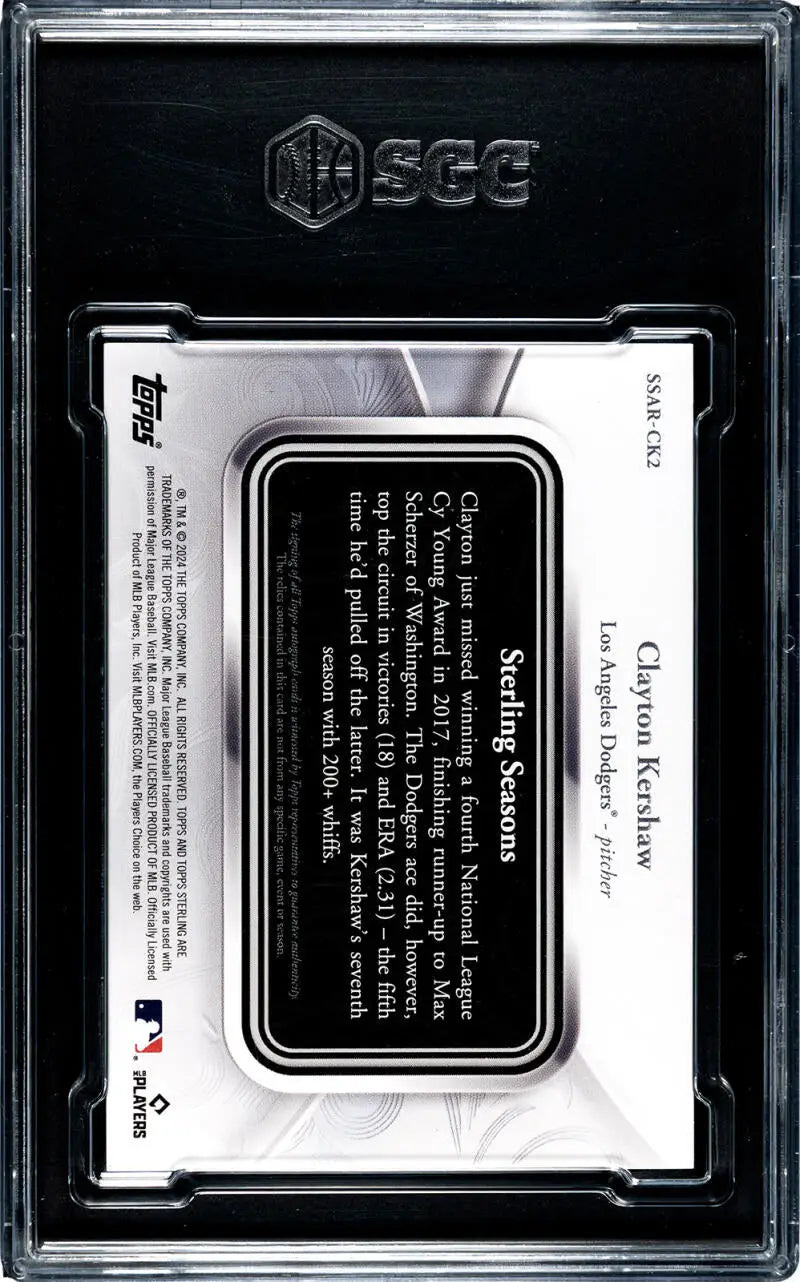 Back of black-bordered 2024 Topps Clayton Kershaw baseball card in protective case