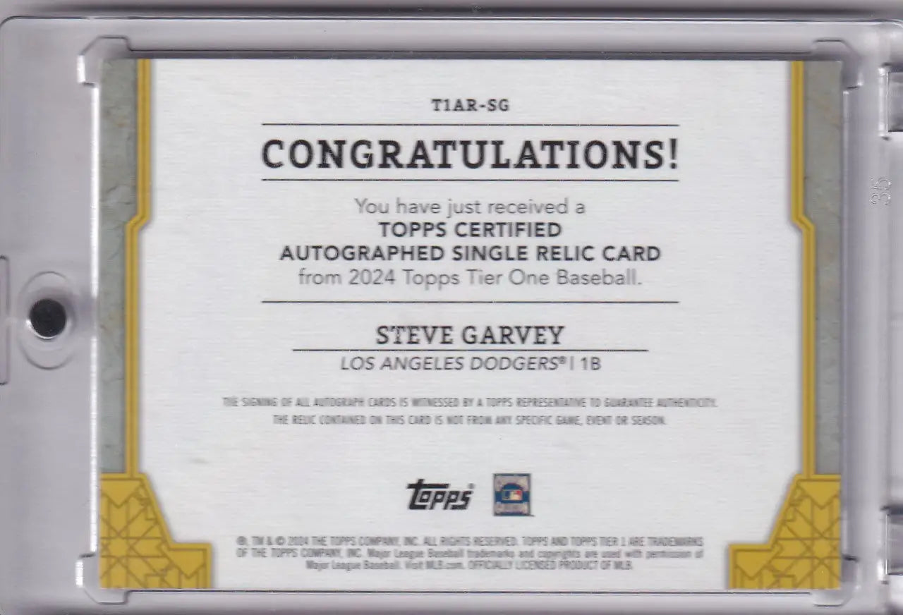 Autographed Steve Garvey auto relic baseball card from 2024 Topps Tier One Los Angeles Dodgers