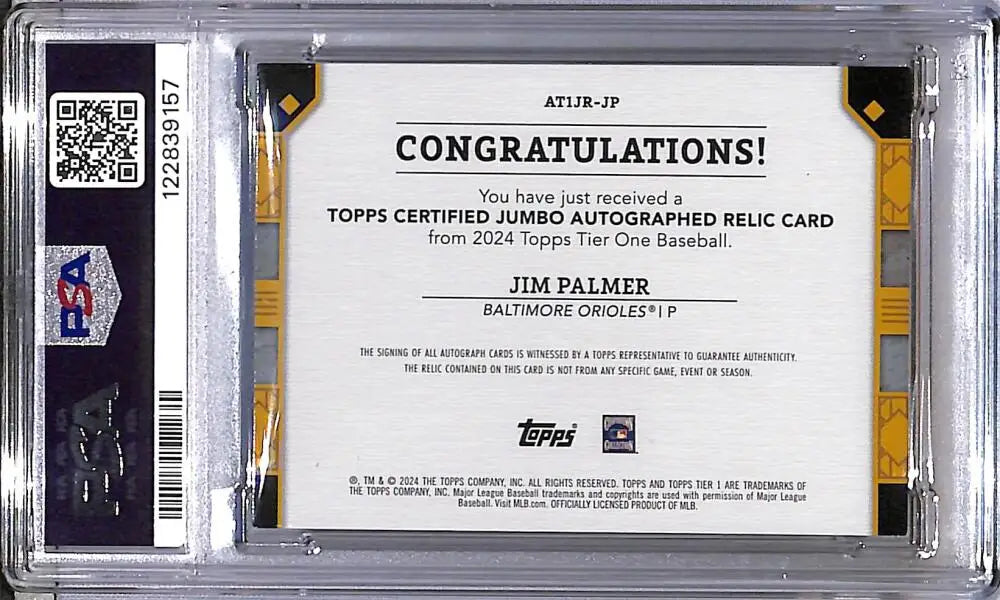 2024 Topps Tier One Jumbo Green #AT1JR-JP Jim Palmer PSA 8 NM-MT MEM Auto 10/49 Baltimore Orioles - Trading Card