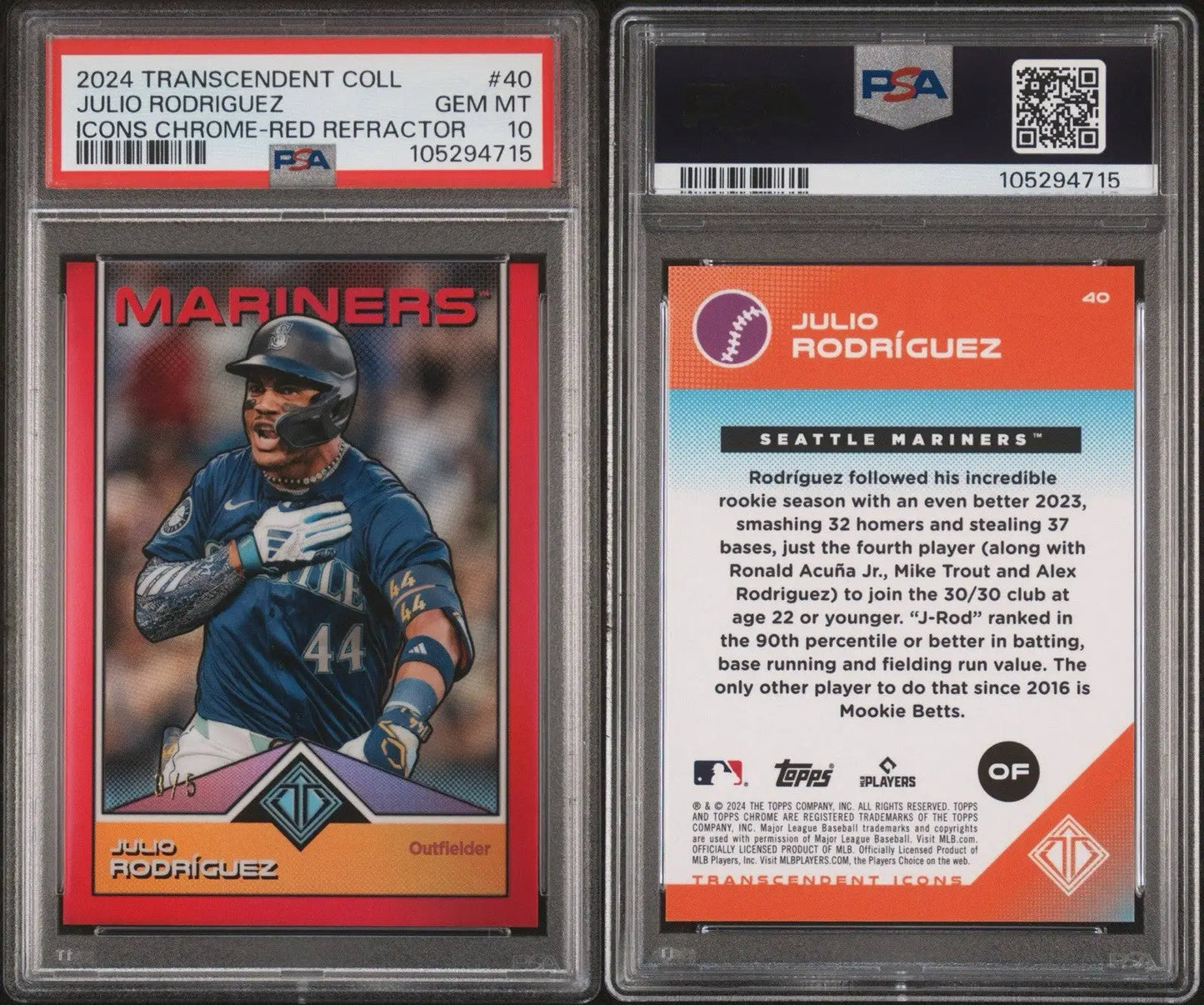 Graded Julio Rodriguez baseball trading card from 2024 Topps Transcendent Collection