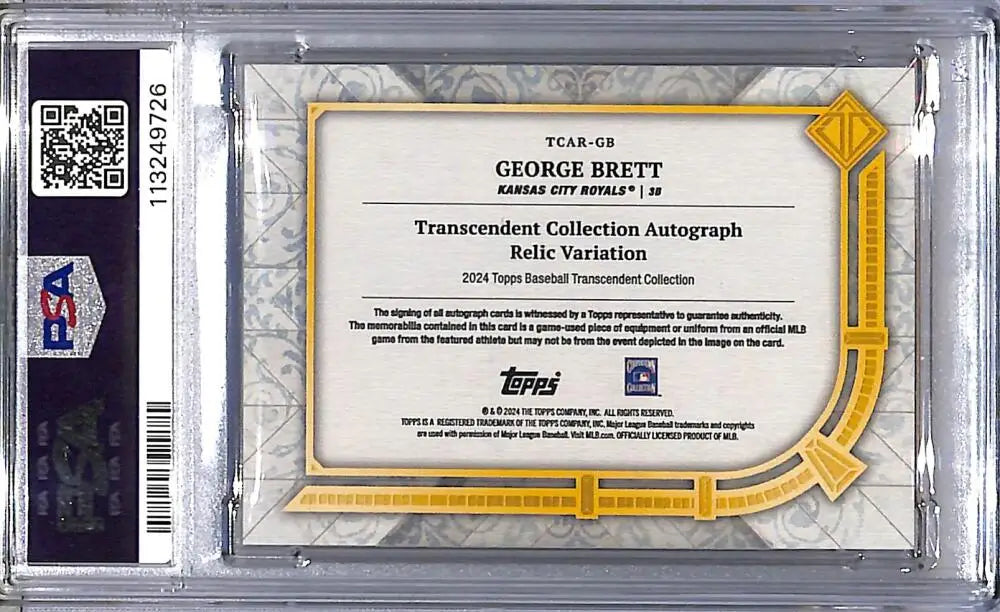 Graded George Brett baseball card from Topps Transcendent featuring Kansas City Royals
