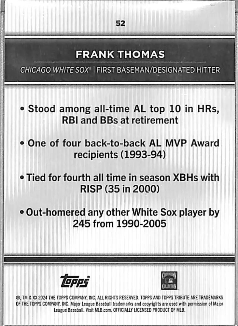Frank Thomas trading card back from 2024 Topps Tribute featuring Chicago White Sox debut