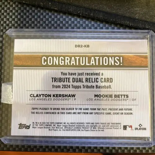 2024 Topps Tribute Dual Relic baseball trading card featuring Clayton Kershaw and Mookie Betts
