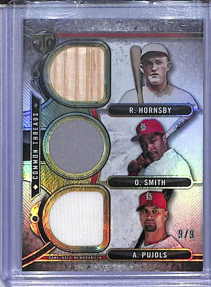 Baseball memorabilia card from 2024 Topps Triple Threads Common Threads series featuring Rogers Hornsby, Ozzie Smith, and Albert Pujols