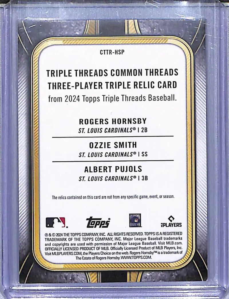 Triple threads baseball card featuring Rogers Hornsby, Ozzie Smith, Albert Pujols from Topps Triple Threads
