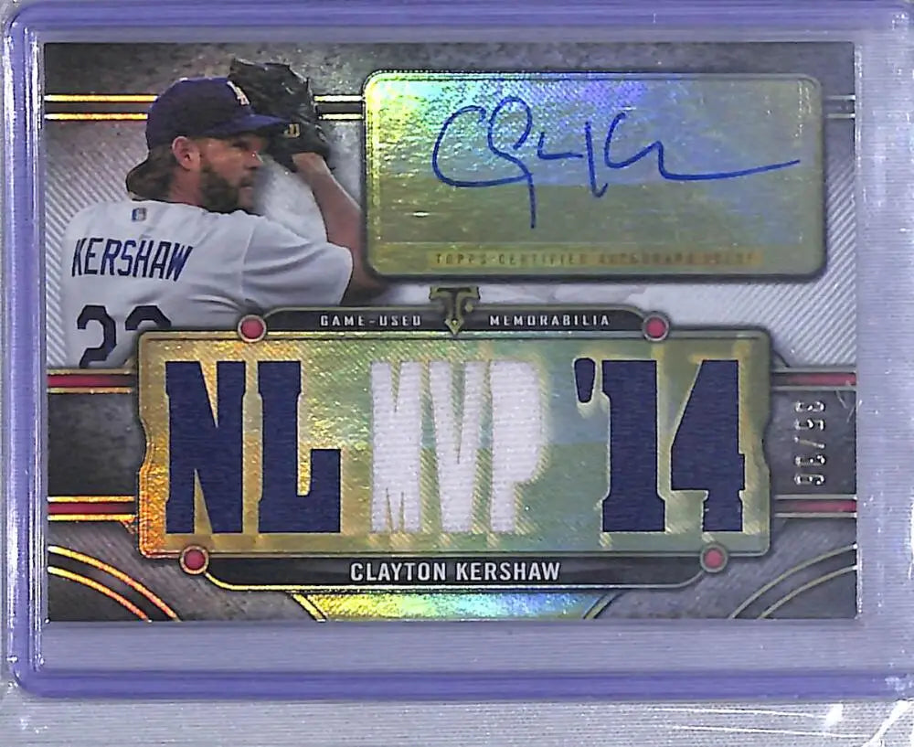 Clayton Kershaw autographed baseball card with game-used jersey patches Los Angeles Dodgers