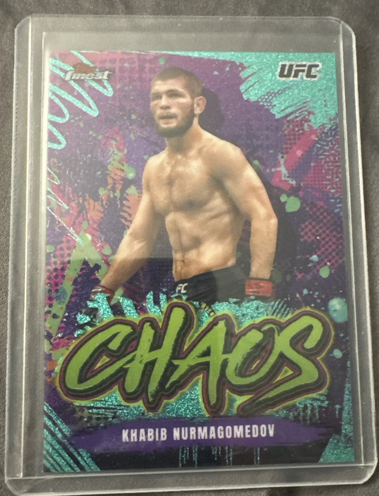 UFC trading card featuring Khabib Nurmagomedov with aqua shimmer refractor design