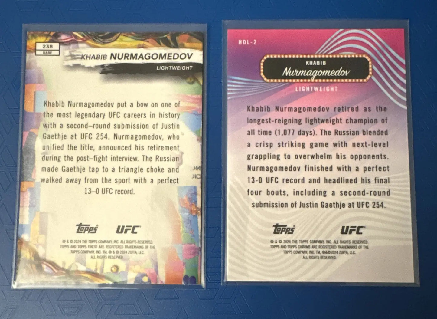 Two Khabib Nurmagomedov Headliners Green Parallel trading cards from 2024 Topps UFC set