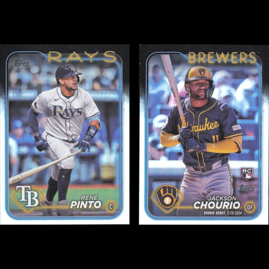 Two baseball trading cards from 2024 Topps Update Series Rainbow Foil featuring players
