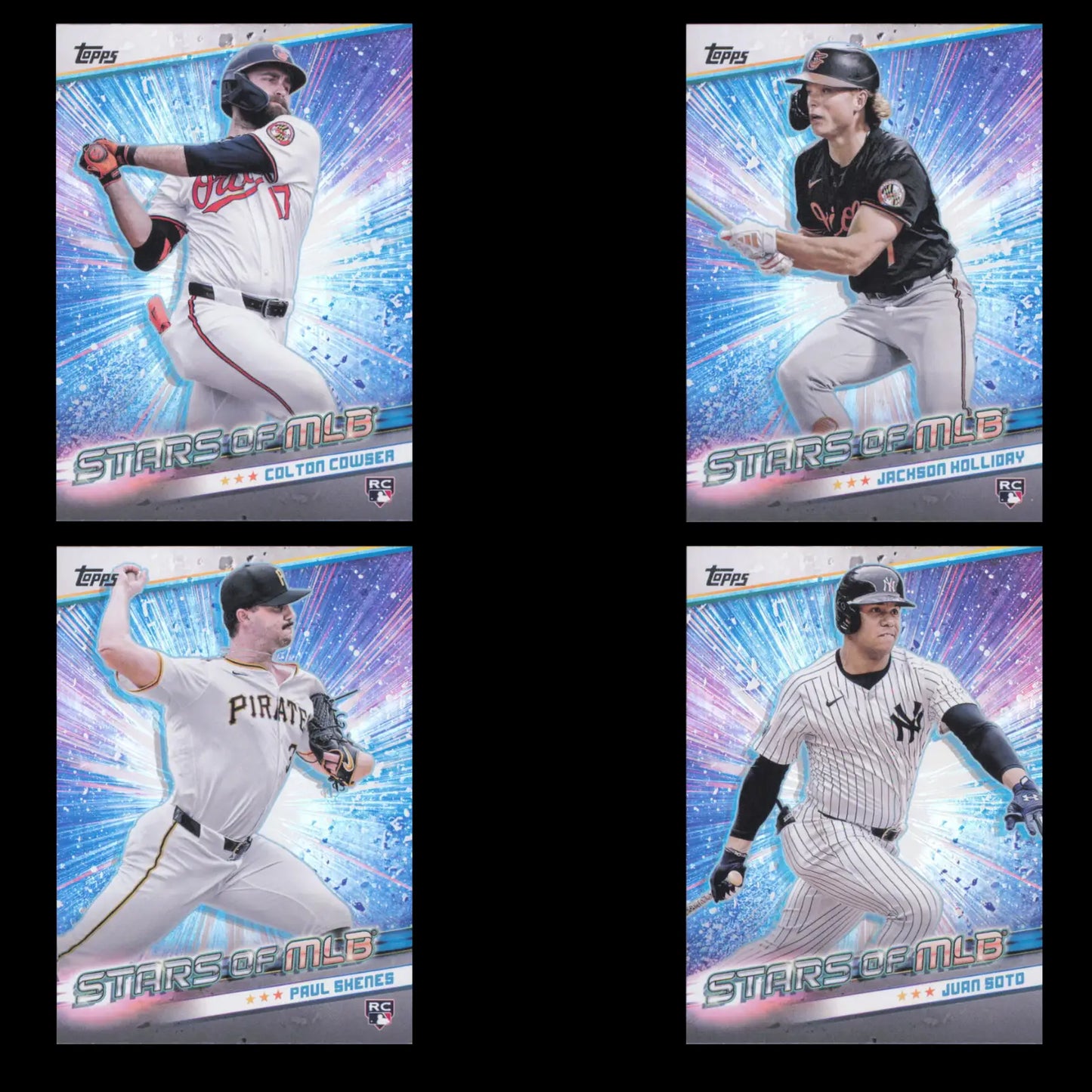 Four collectible baseball cards featuring MLB players from 2024 Topps Update Series Stars