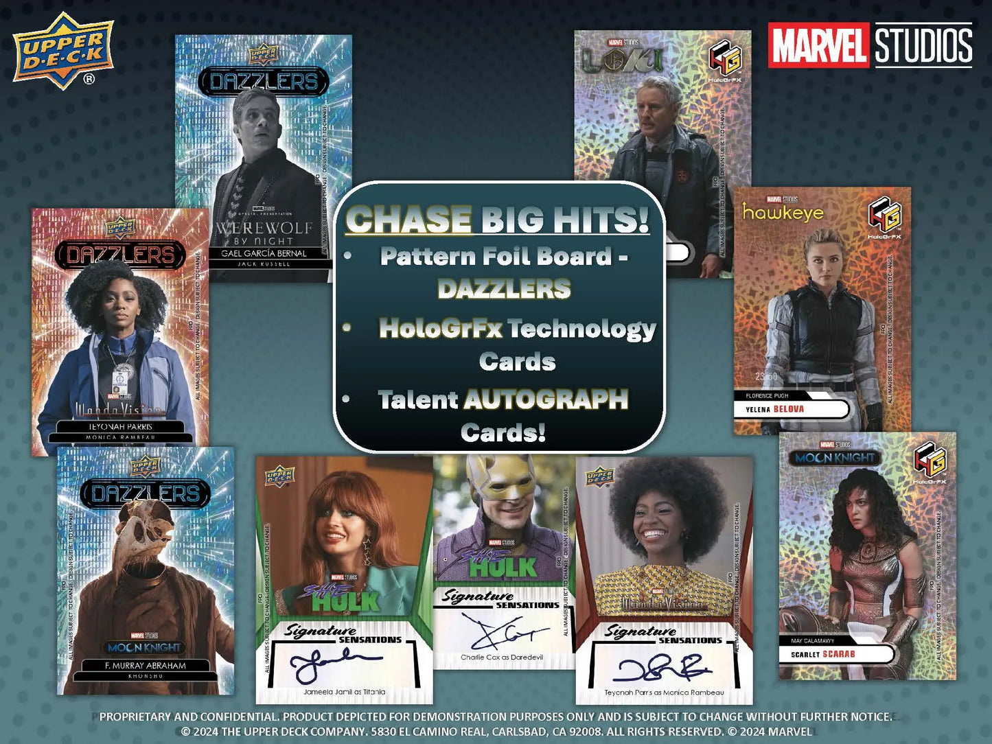 Marvel trading cards from the 2024 Upper Deck Marvel Studios Series 1 box