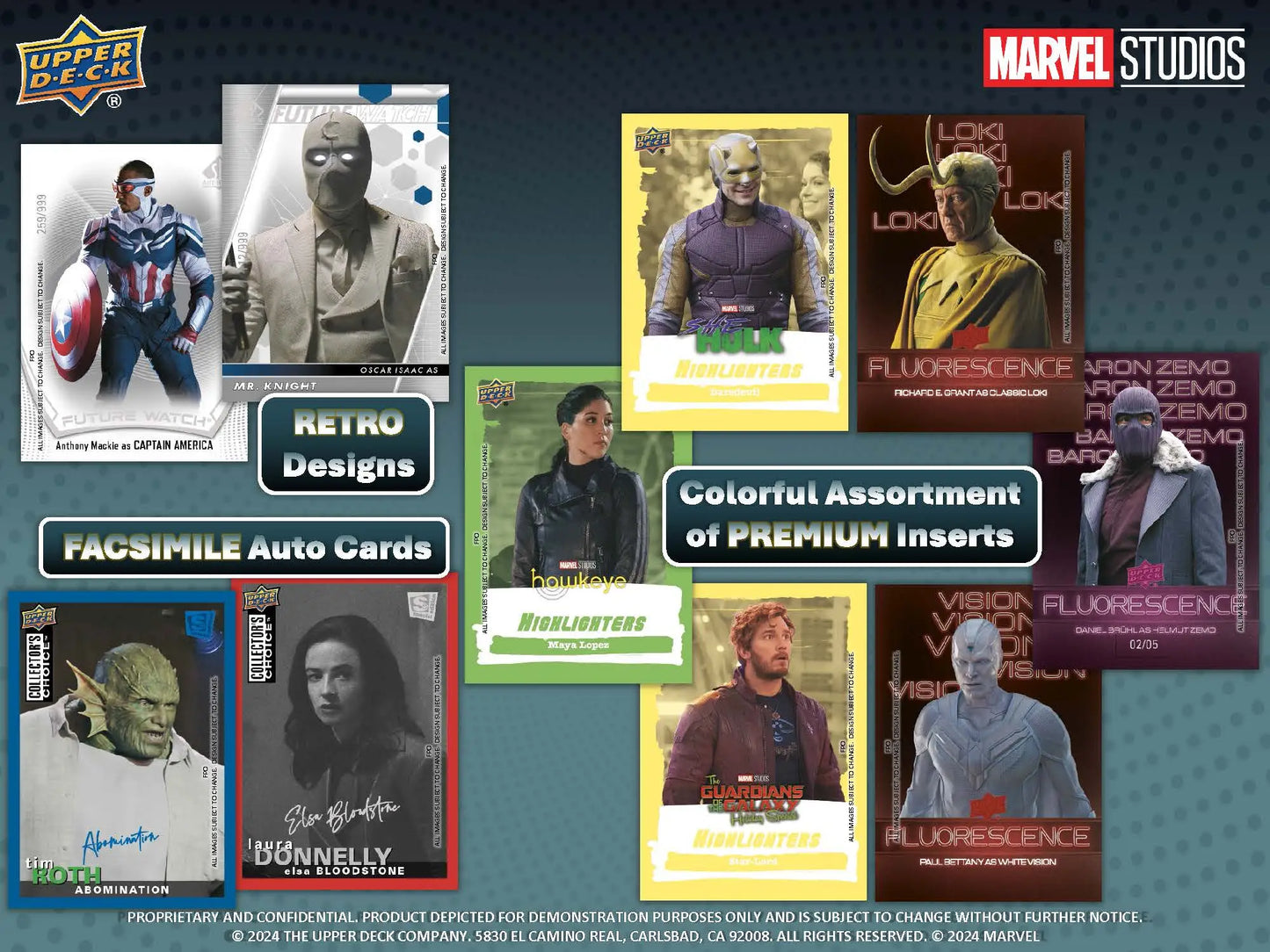 Marvel trading cards assortment from 2024 Upper Deck Marvel Studios Series 1 Hobby Box