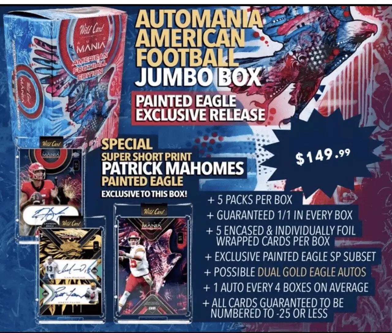 Automania American Football Jumbo Box with Painted Eagle Cards and SSP Patrick Mahomes