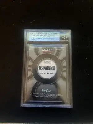 Encased Shedeur Sanders trading card from 2024 Wild Card Automania series with American Flag design