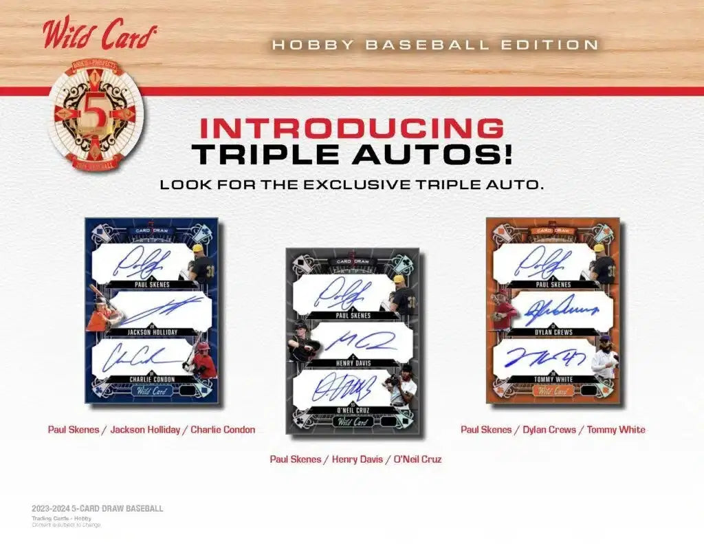Baseball hobby box advertisement featuring Ethan Holliday and Wild Card Five cards