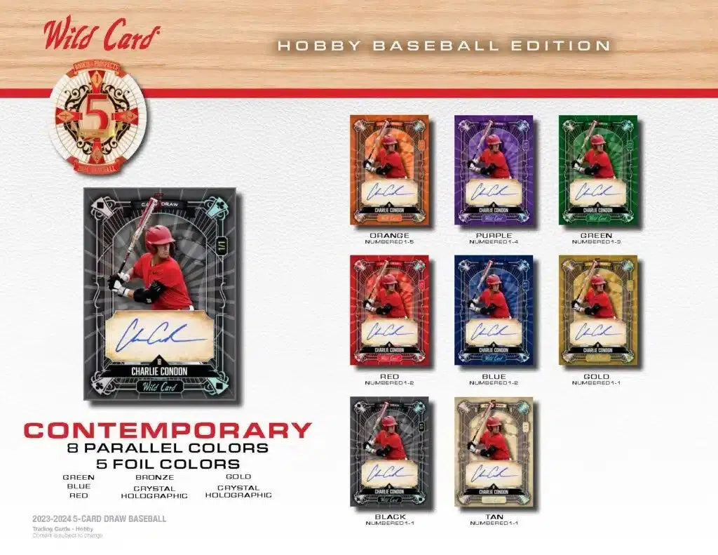 Baseball card collection inside the 2024 Wild Card Five Card Draw Baseball Hobby Box featuring Ethan Holliday