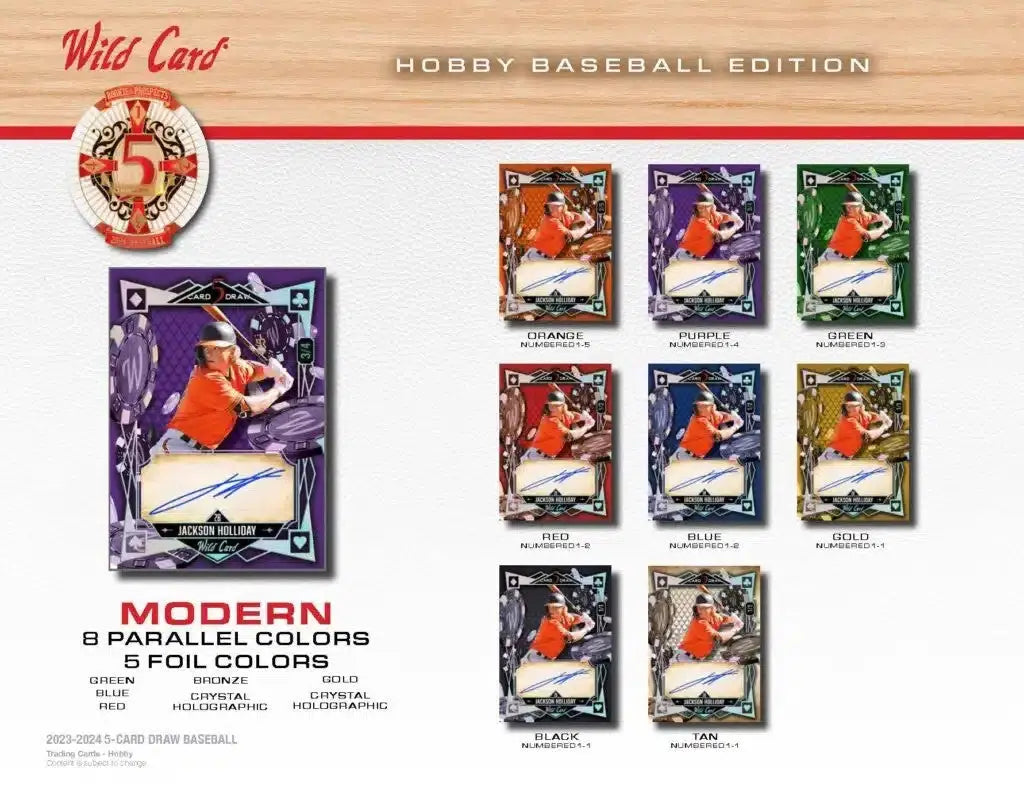 Baseball card collection featuring Ethan Holliday in 2024 Wild Card Five Card Draw Baseball Hobby Box