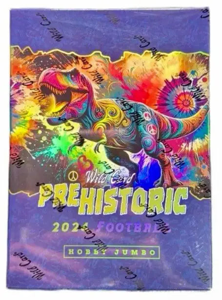 Brightly colored Wild Card Prehistoric 2024 football hobby jumbo box with tie-dye dinosaur
