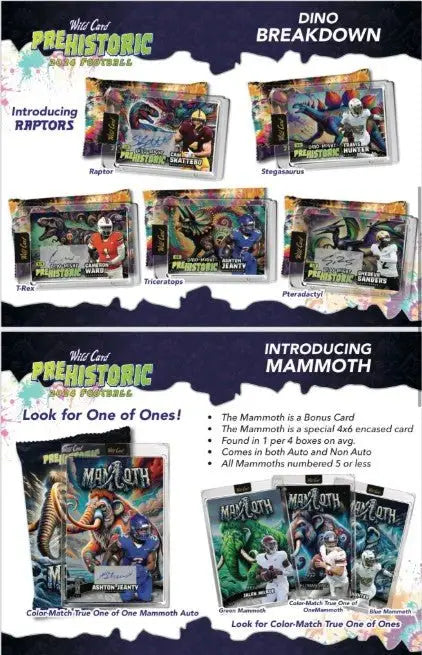 Promotional material for Wild Card Prehistoric Football trading cards in 2024 hobby jumbo box