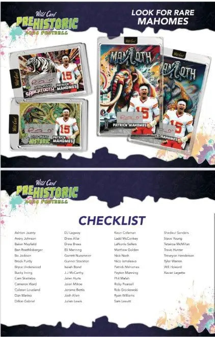 Checklist for collectible Patrick Mahomes football cards in 2024 Wild Card hobby jumbo box