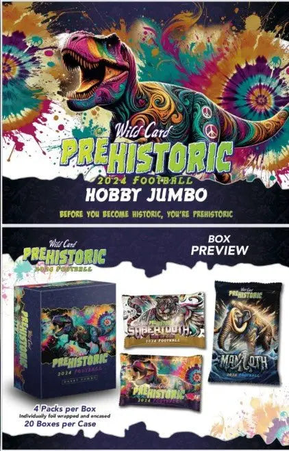 Vibrant trading card from 2024 Wild Card Pre-Historic Football Hobby Jumbo Box featuring psychedelic dinosaur