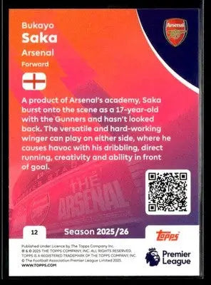 Collectible Bukayo Saka football trading card from 2025-26 Topps Premier League series