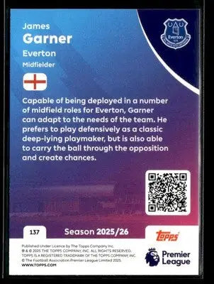 Collectible Topps Premier League trading card of James Garner from the 2025/26 season