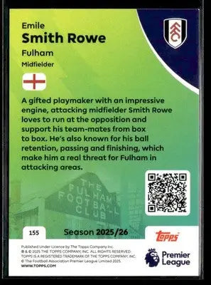 Collectible Emile Smith Rowe Topps Premier League trading card featuring football player