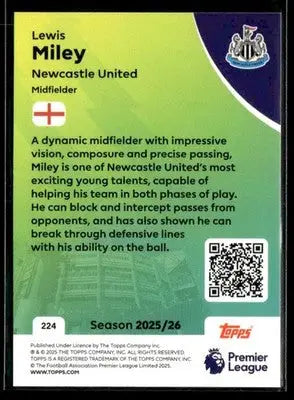 Back of 2025-26 Topps Premier League Lewis Miley Newcastle United trading card