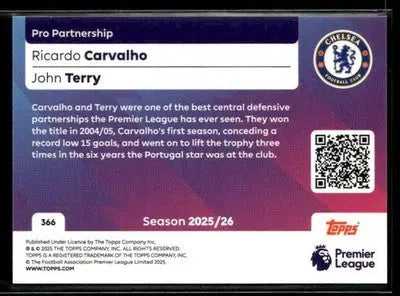 Collectible Topps Premier League football trading card featuring Ricardo Carvalho and John Terry