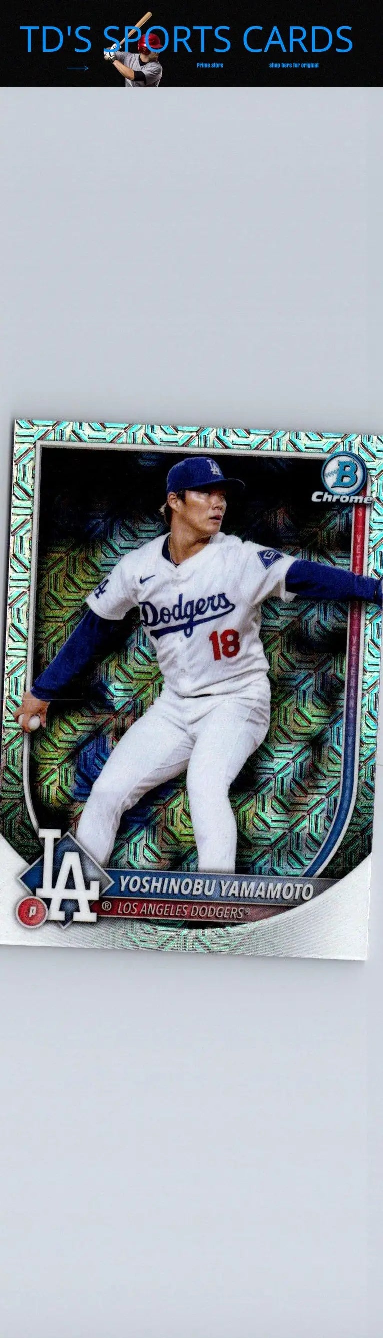 Yoshinobu Yamamoto baseball card from 2025 Bowman #18 product display